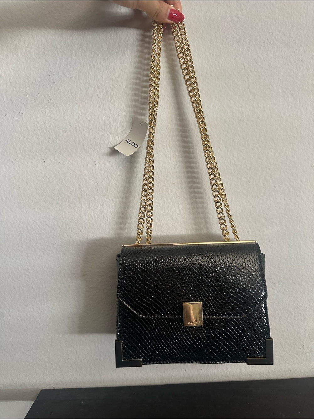 Aldo Black Faux Snakeskin Crossbody with Gold Chain